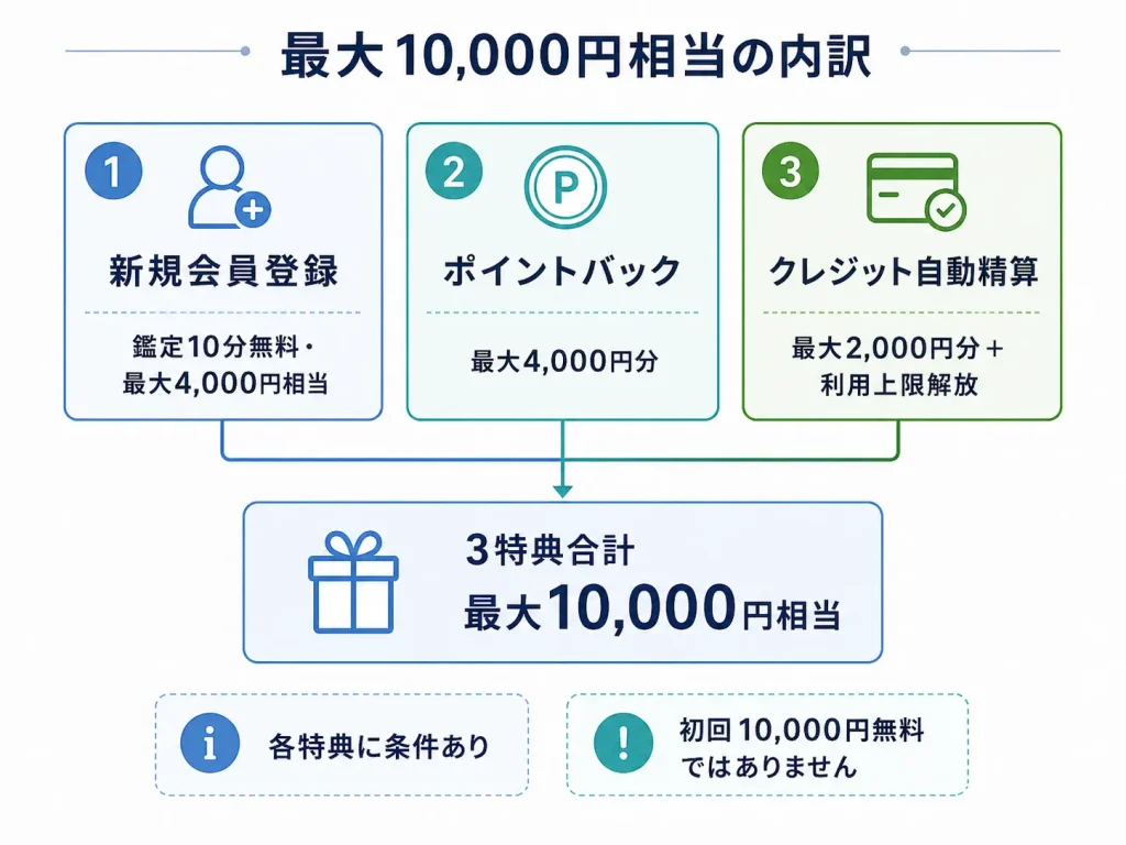 マディアの10分無料・ポイントバック・クレジット自動精算特典を合計して最大10,000円相当になる内訳図