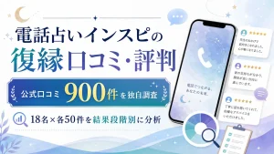 電話占いインスピの復縁口コミ・評判について、18名の公式口コミ900件を結果段階別に分析した記事のアイキャッチ画像